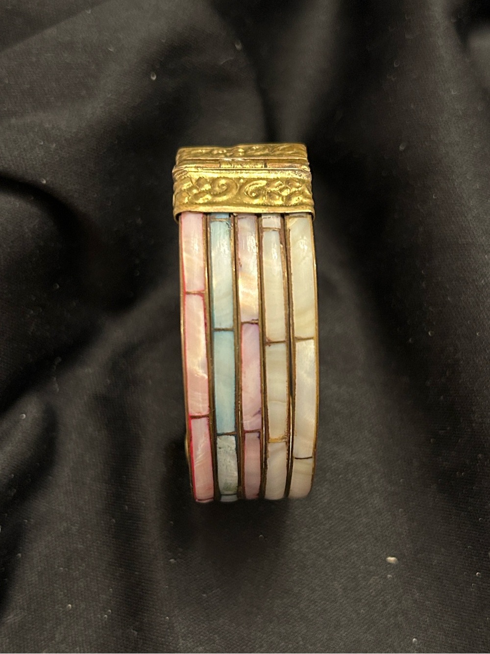 Vintage 1920 Brass and Dyed Mother of Pearl Hinged Bangle Bracelet with Pin Clas